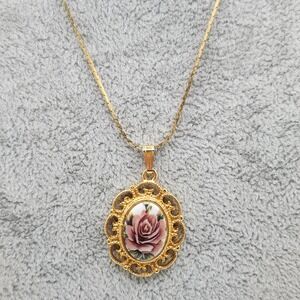Vintage Floral Rose Cameo Filigree Oval Pendant Necklace Victorian Style